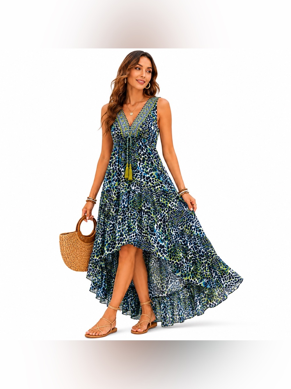 Violet Sky Animal Print High Low Sheer Beaded Boho Maxi Dress Size Medium NWT